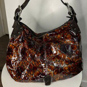 Donald J. Pliner Tortoiseshell Patent Leather Hobo Bag Brown Excellent Condition